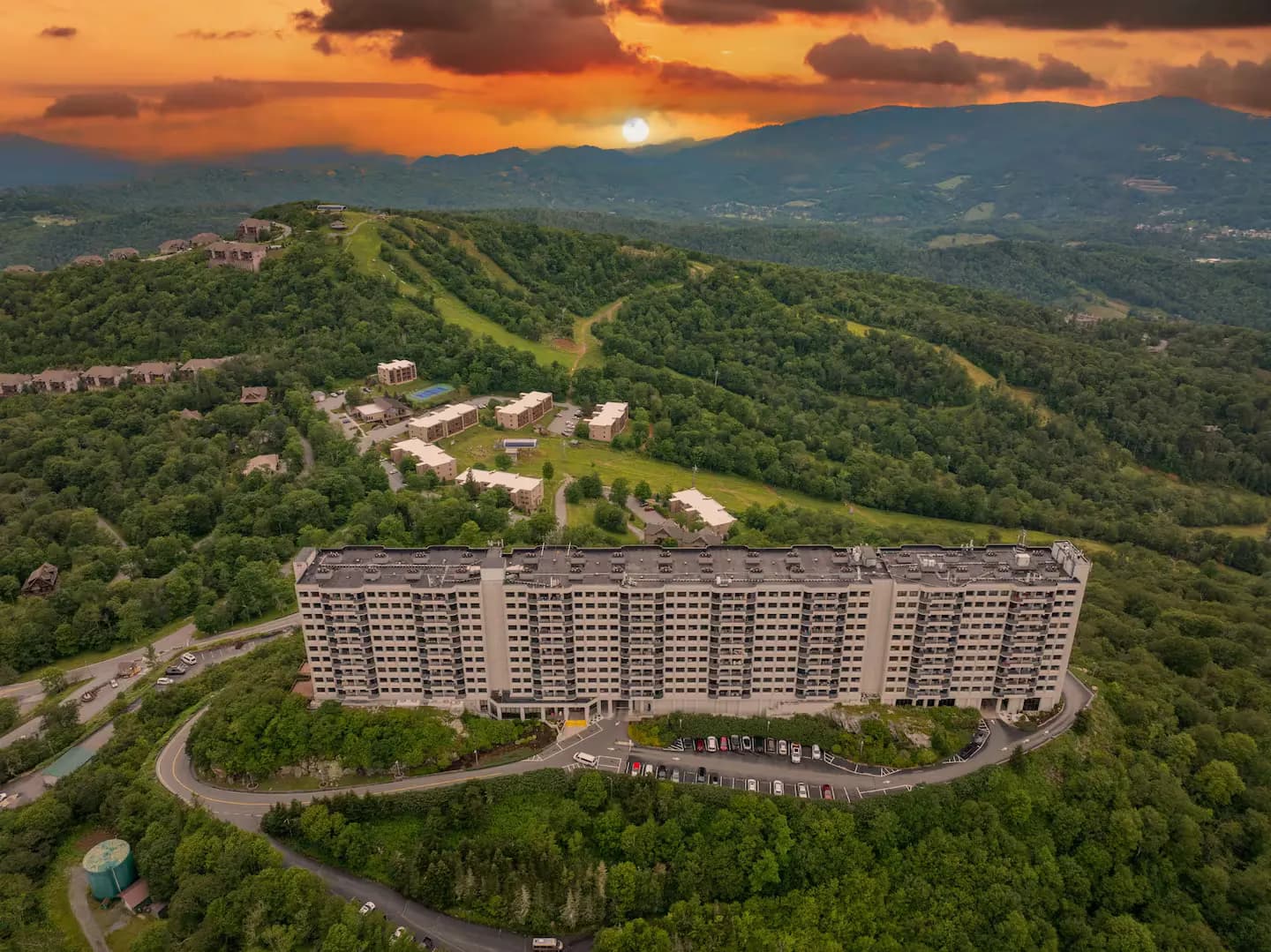 Sugar Top from the air at sunset, with the ski slopes behind